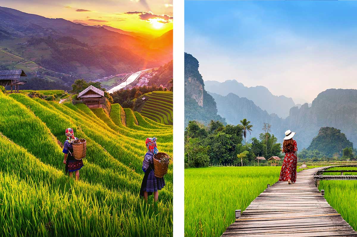 Vergelijking van Vietnam en Laos: links twee Hmong-vrouwen met rieten manden op groene rijstterrassen bij zonsondergang in Noord-Vietnam, rechts een vrouw in rode jurk op een houten pad door rijstvelden met kalkstenen bergen in Laos