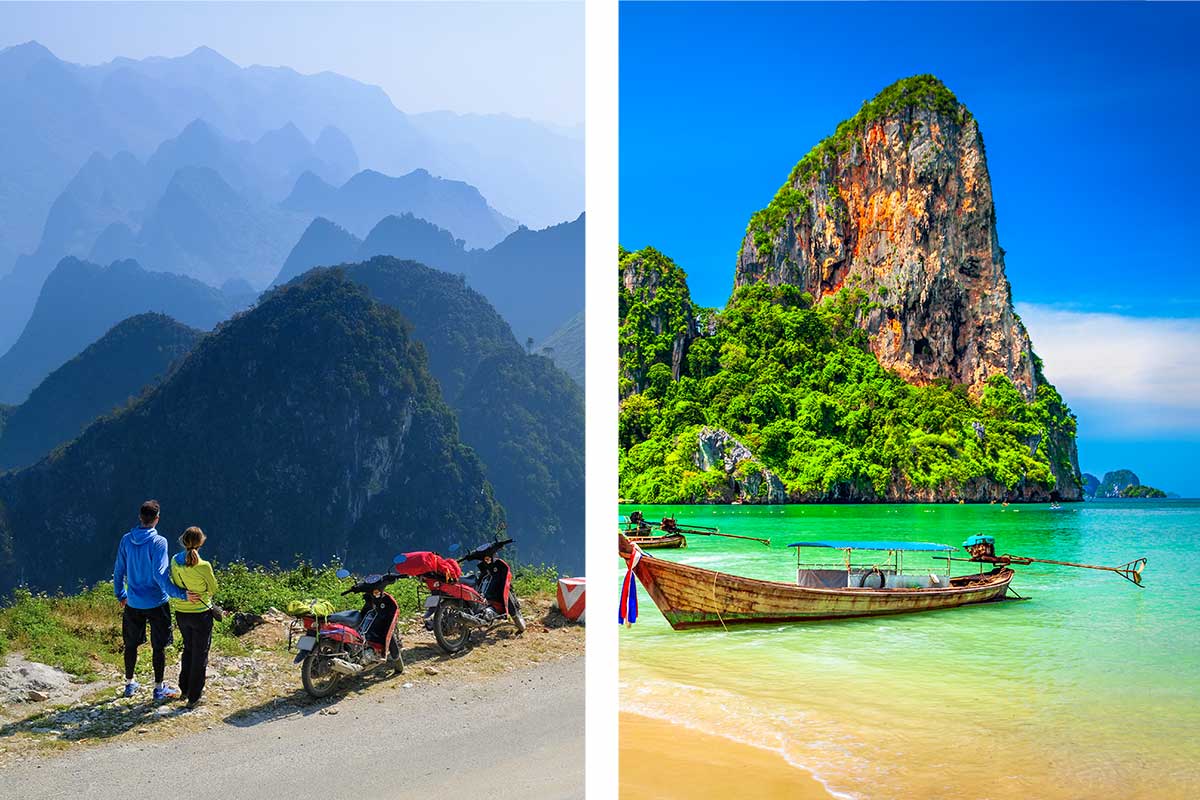 Vergelijking van Vietnam en Thailand: links twee reizigers met motorfietsen uitkijkend over de mistige bergtoppen van Noord-Vietnam, rechts een traditionele longtailboot op het turquoise water voor de kalkstenen rotsen van Railay Beach in Thailand