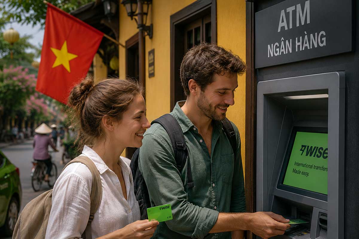 Stel gebruikt een Wise-kaart bij een ATM in Vietnam met de Vietnamese vlag op de achtergrond, een handige manier om geld op te nemen in Vietnam zonder hoge wisselkosten