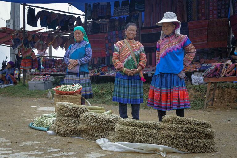 Drie vrouwen staan achter bundels gedroogd gras en verse bonen op de markt van Coc Ly.