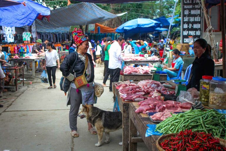 Vleeskramen langs het pad op de markt van Muong Hum, met een hond tussen de bezoekers.
