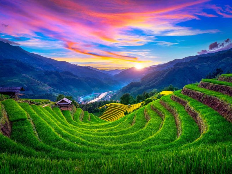 Groene rijstterrassen in hoefijzervorm bij zonsondergang met houten veldhuisjes en bergen in Mu Cang Chai