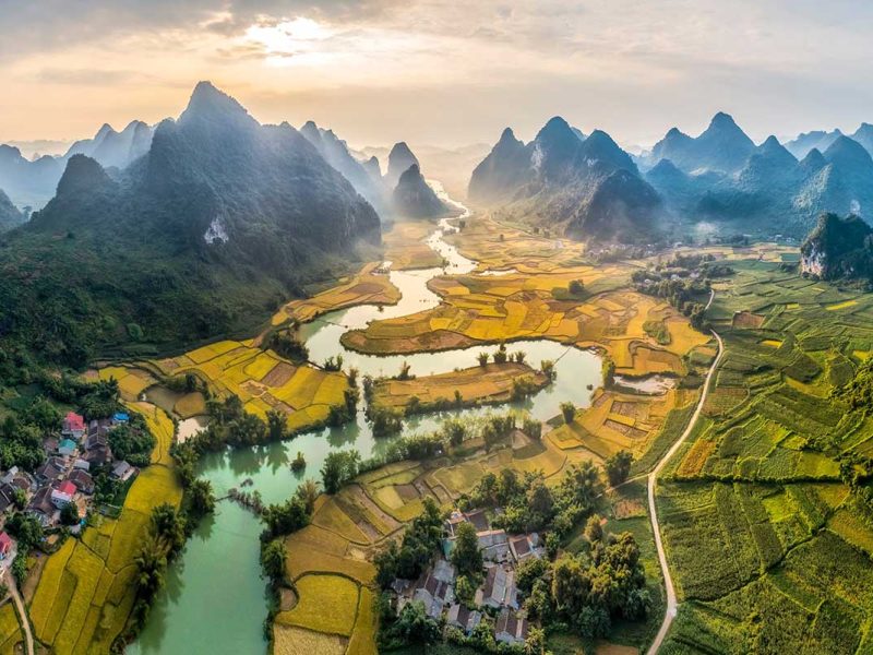 Luchtfoto van Phong Nam Valley in Cao Bang met kronkelende rivier, rijstvelden en kalkstenen bergen tijdens het oogstseizoen