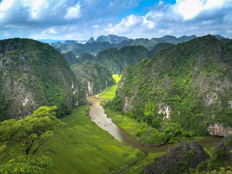 Panoramisch uitzicht vanaf Mua Cave in Ninh Binh, met kronkelende rivier, rijstvelden en steile kalksteenbergen in het Tam Coc landschap